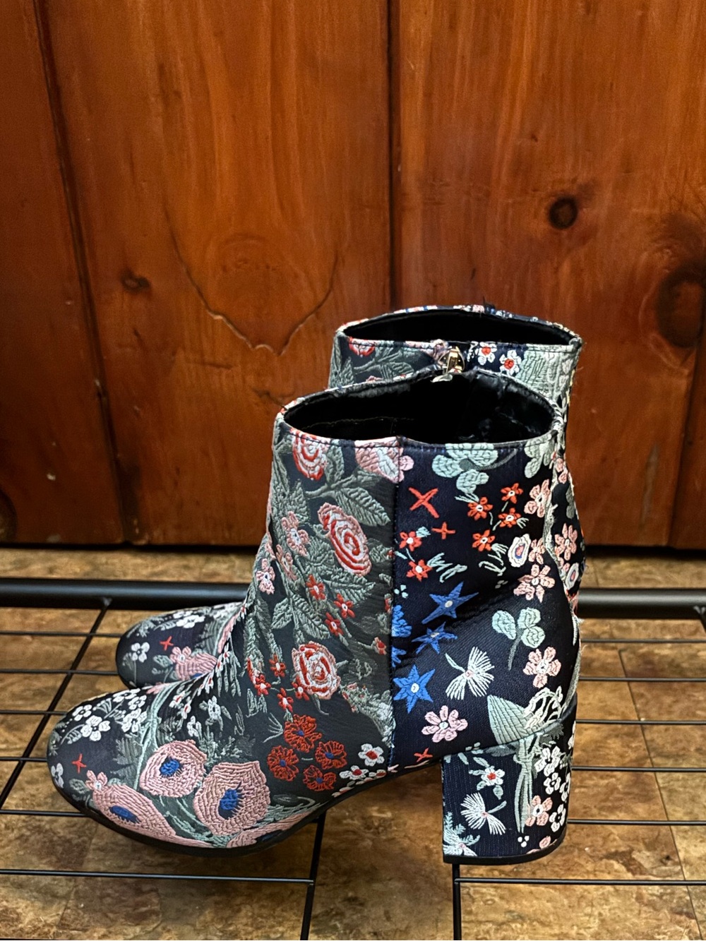 Indigo Black Multi Embroidered Floral Block Heel Ankle Boots
